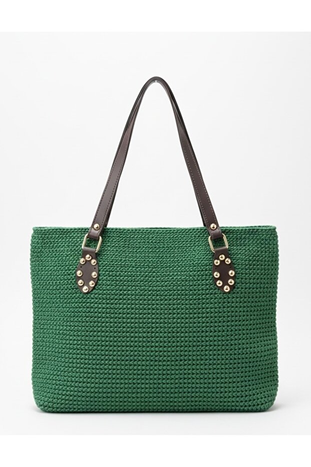 Handmade Faux Leather Handle Straw Look Green Tote Bag Handmade