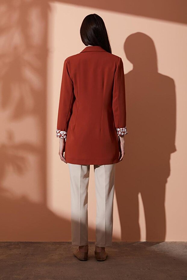 Double Breasted Brick Color Patterned Jacket - 5