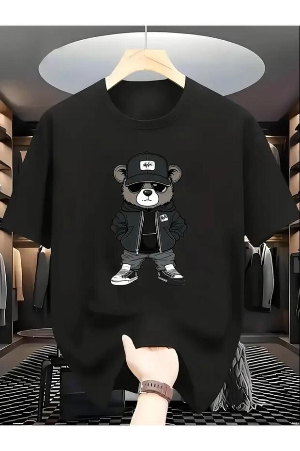 Bear Printed Short Sleeve Crew Neck Plain Unisex Tshirt