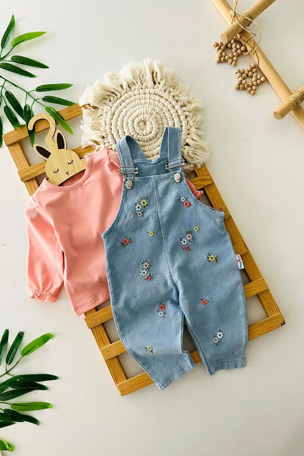 My Little Girl's Cicileri Brand Baby Girl Salopet Set of 2 with Tiny Floral Embroidery Detail - Salmon