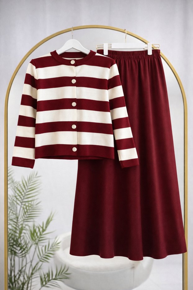 Women's Burgundy Striped Knitwear Cardigan and Dabıl Fabric Skirt Two-Piece Set