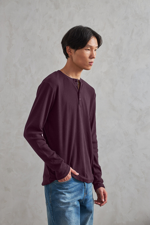Men's Crew Neck Buttoned Combed Cotton Blouse