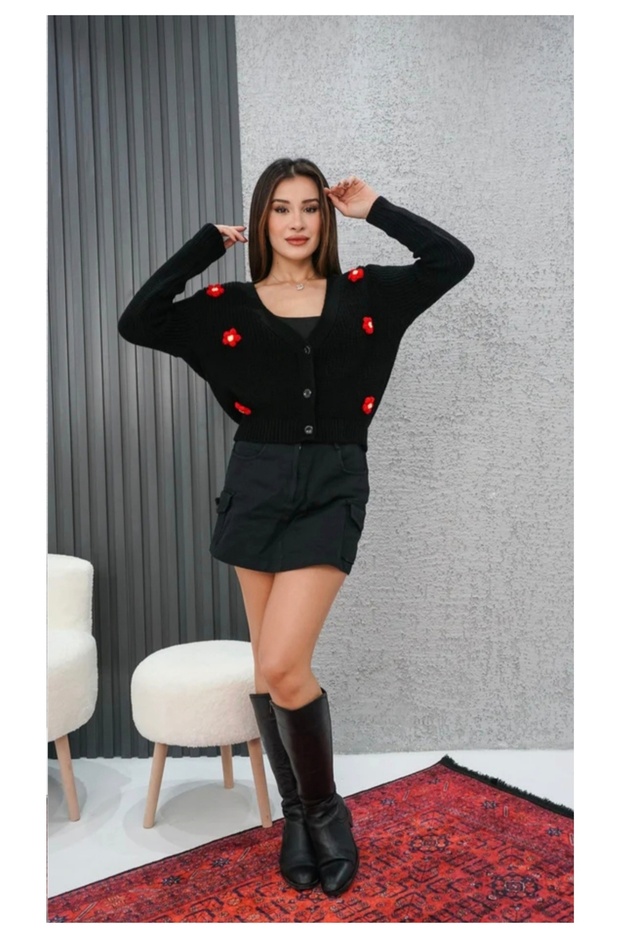 Papatyalı triko hırka - 1