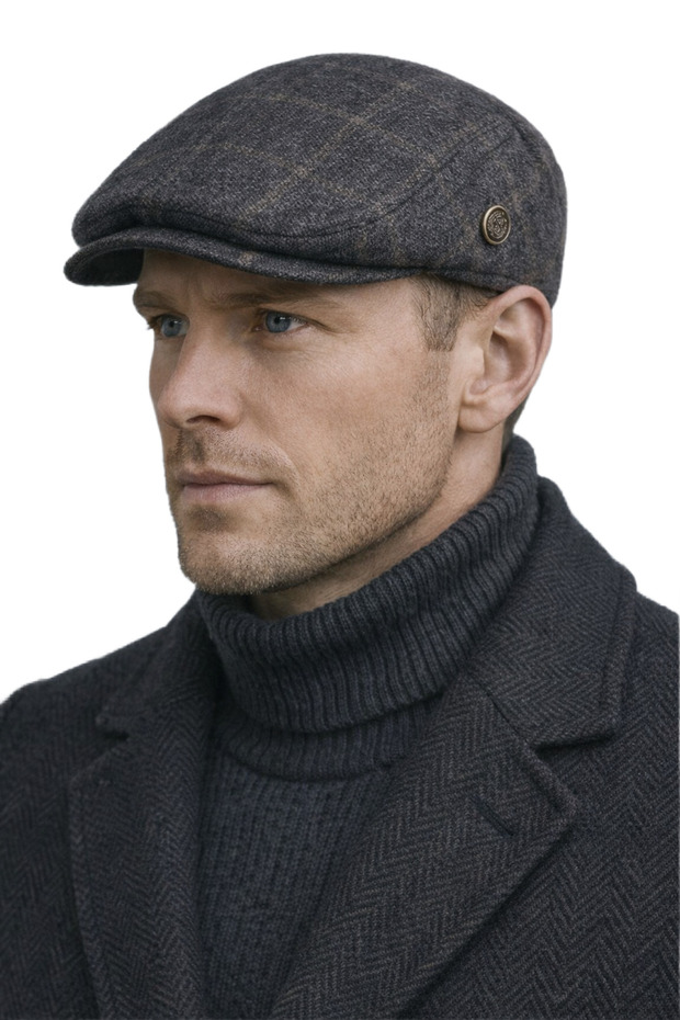 Brown Checkered Winter Wool Fabric London Hat Standard Size Elastic Back