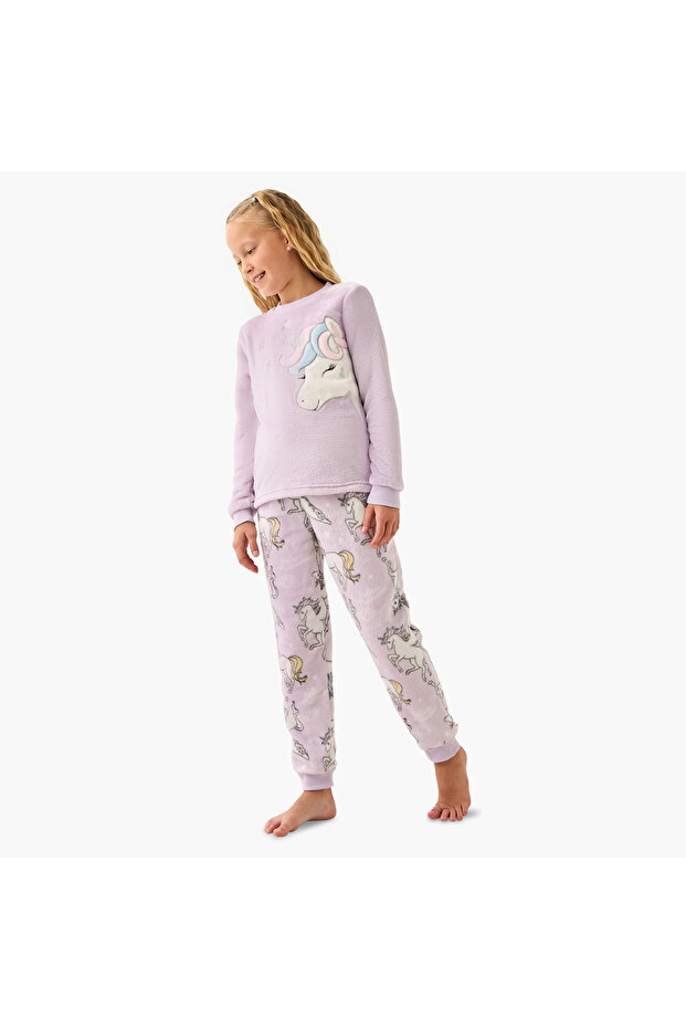 Girls Pyjama Set with Unicorn Print - Long Sleeves - Crew Neck