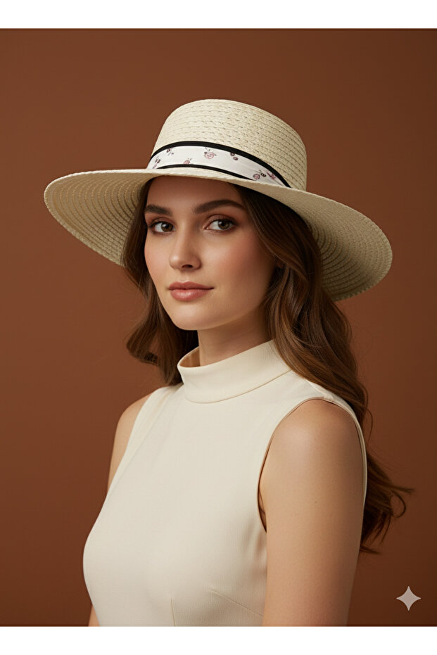 White Color Bow Detailed Cream Knitted Textured Summer Straw Wide Brim Hat