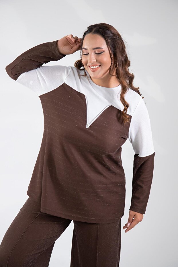 Plus Size Women's Zipper Detailed Glittery Blouse Coffee-White Brown