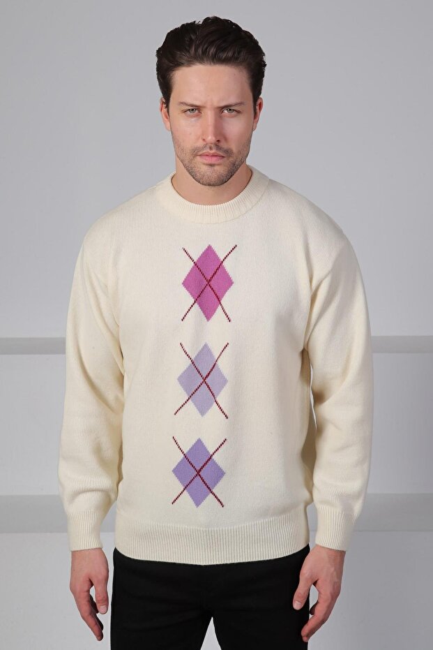 Ecru/Lilac Crew Neck Pink Lilac Patterned 100% Lamb Wool Men's Knitwear Sweater