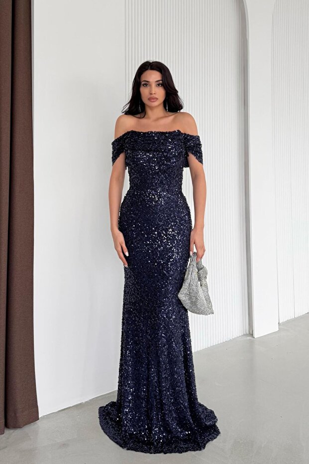 Navy Blue Boat Neck Sequined Evening Dress
