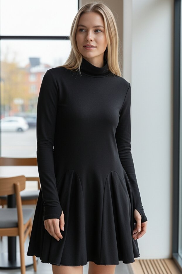 Parmak Geçmeli Balıkçı Yaka Mini Örme Elbise - 2