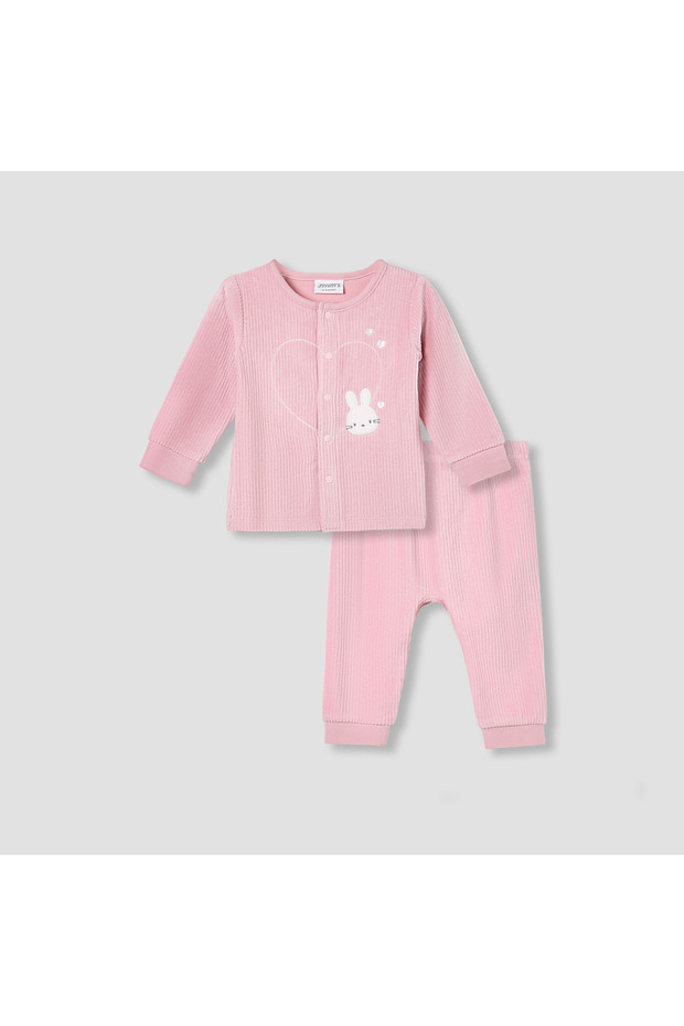 Pyjama Set with Bunny Applique - Velour - Long Sleeves - Round Neck