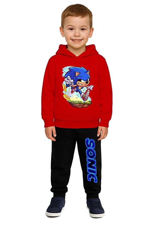 Sonic Printed Children's Tracksuit Set 3 Thread Ş Fleece-Lined Cotton Fabric Hooded