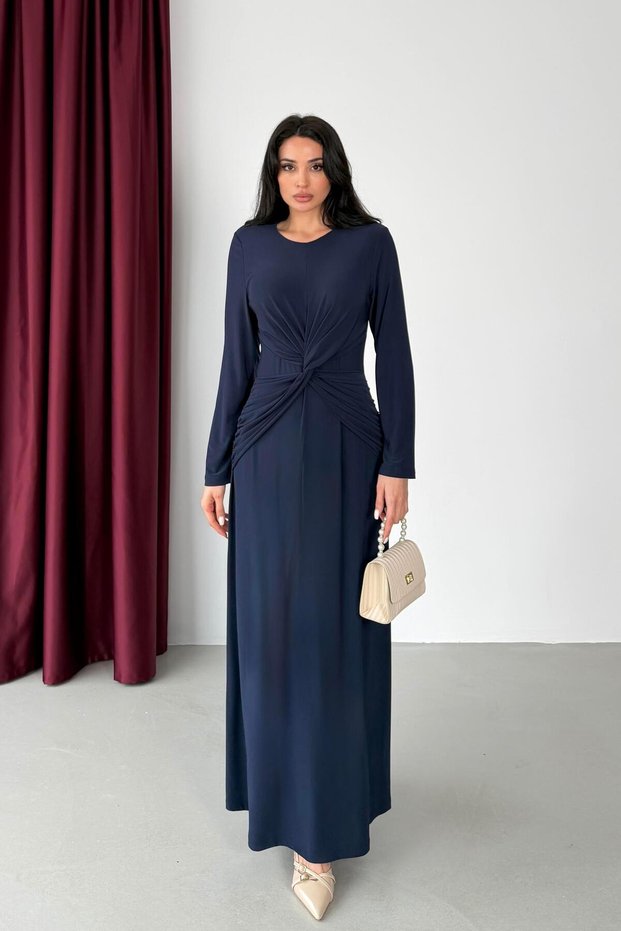 Navy Blue Tie-Front Long Dress