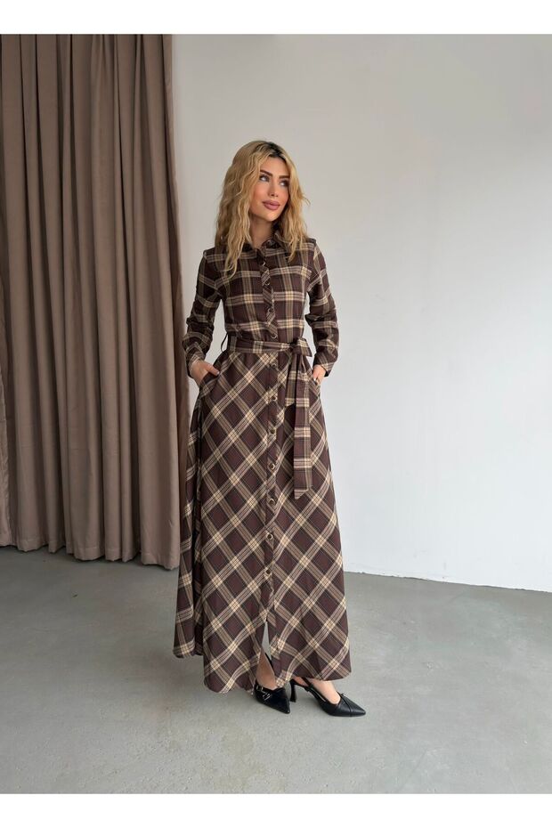 Plaid Shirt Collar Front Buttoned Waist Belted Side Pocket Top Regular Bottom Flared Maxi Length Prenium Dress