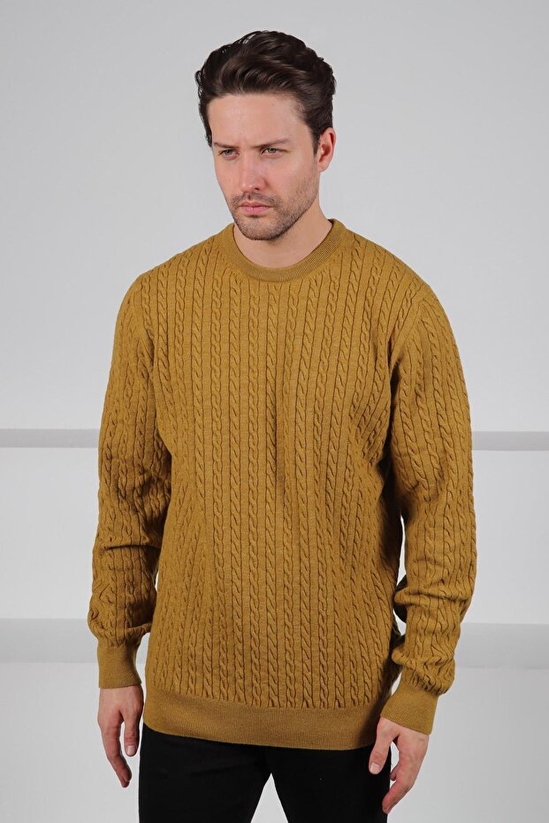 Mustard Crew Neck Embossed Hair Knit Patterned 100% Lamb Wool Men's Knitwear Sweater