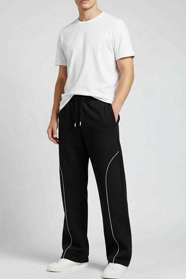Men’s Baggy Sweatpants with Piped Detail Elastic Waist Relaxed Fit Wide Legged Transitional Sweatpants