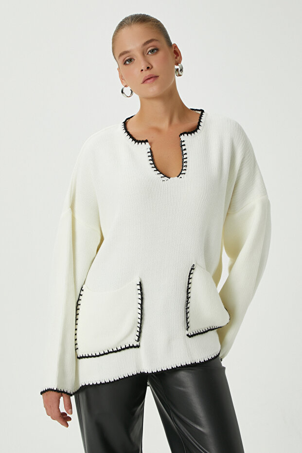 Kadın Karly Cepli Ekru Triko Kazak - 4