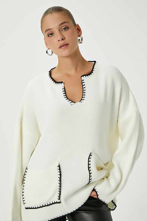 Kadın Karly Cepli Ekru Triko Kazak - 2