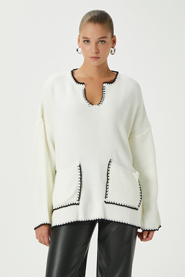 Kadın Karly Cepli Ekru Triko Kazak - 6