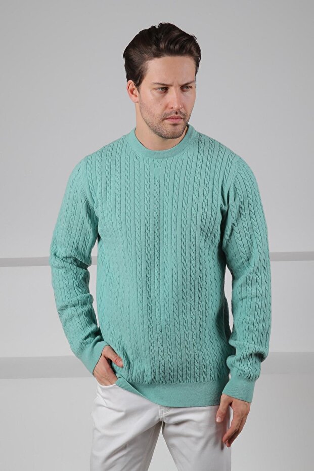 Çağla Yeşili Crew Neck Embossed Hair Knit Patterned 100% Lamb Wool Men's Knitwear Sweater