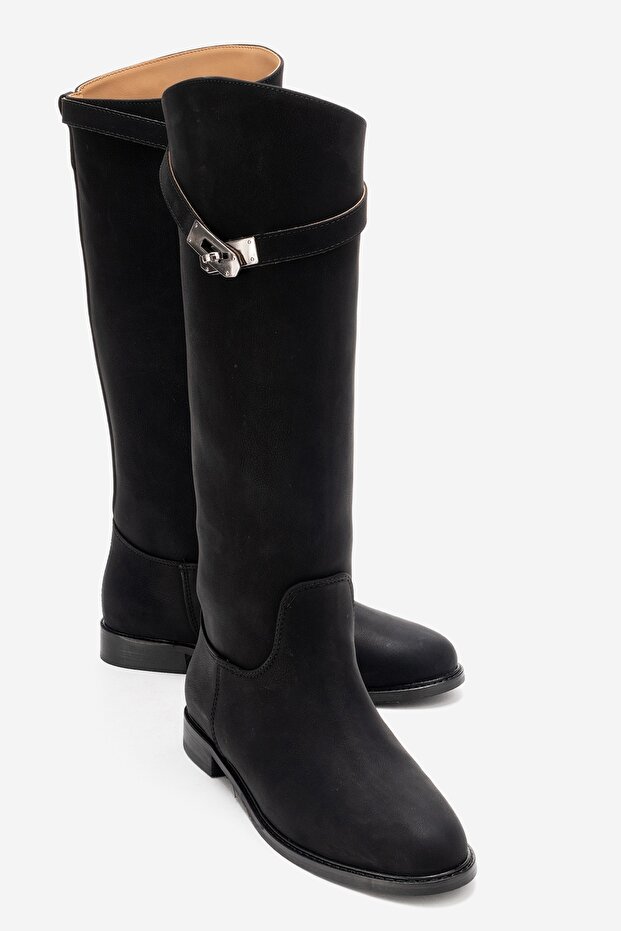 Yoko Black Nubuck Belted Women's Riding Boots