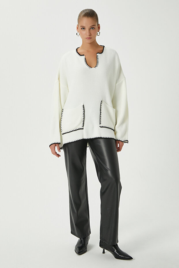 Kadın Karly Cepli Ekru Triko Kazak - 3