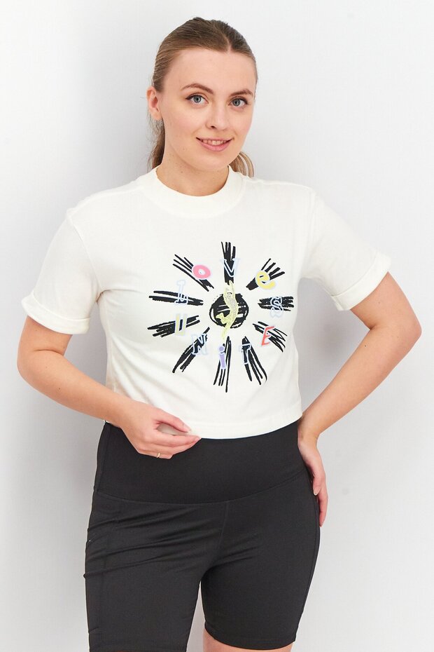 Women Sportswear Fit Graphic Print Crop Top, Off White - 1