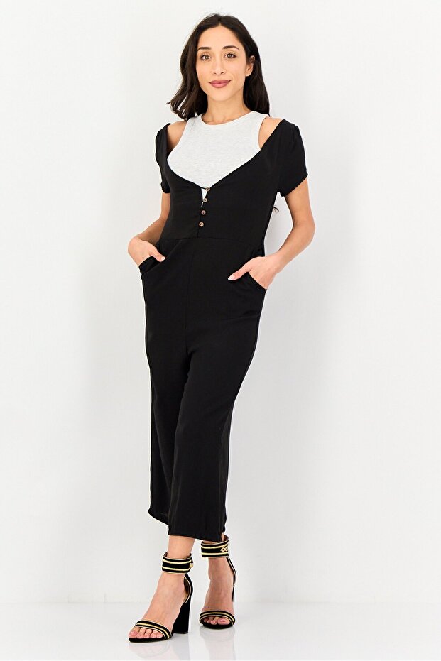 Women Plain Short Sleeve Jumpsuits, Black - 1