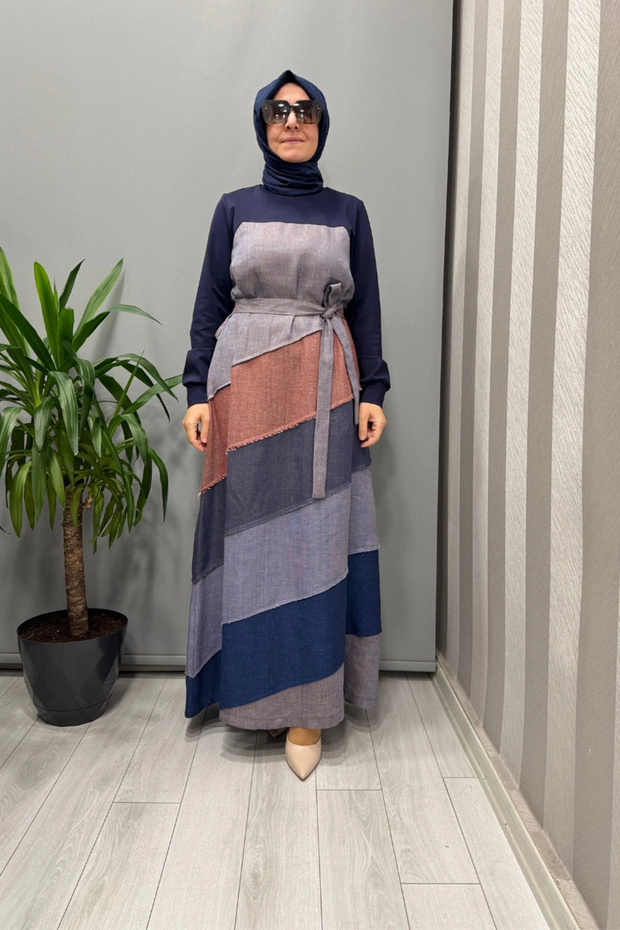 Patchwork Elbise Lacivert 38832 - 1
