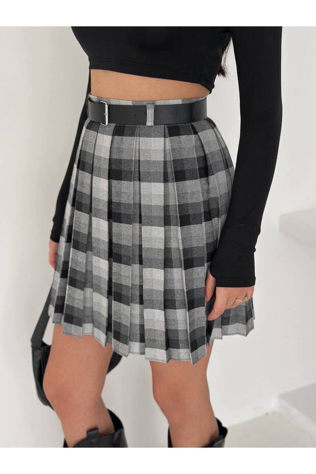 Ekoseli Şortlu Mini Etek - 4