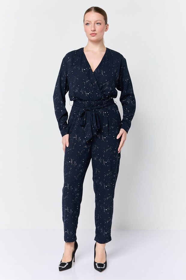 Women Metallic Long Sleeve Belted Jumpsuit, Navy