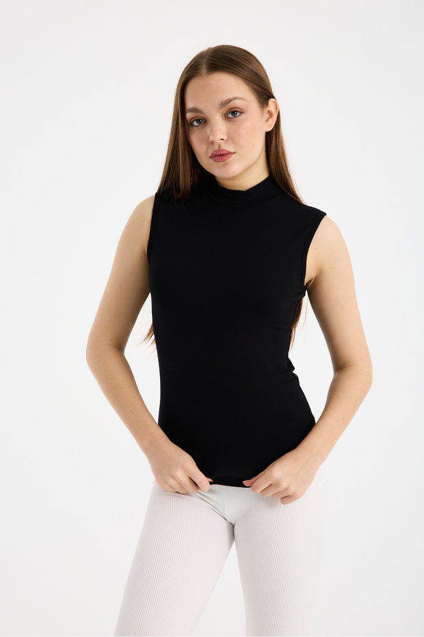 Women's Black Sleeveless Bodysuit Half Turtleneck