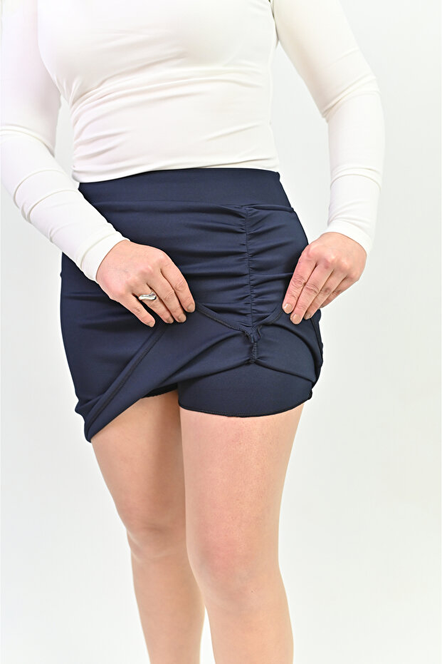 Women's Stretchy Fabric Gathered Front Slit Stylish Shorts Skirt