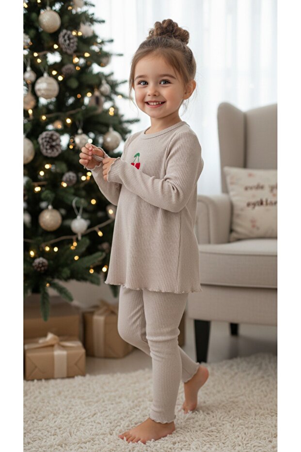 Girl's Cherry Corded Fabric Cotton Top and Bottom Set