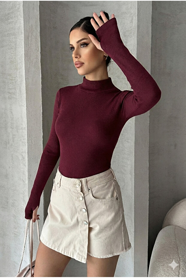 Women's Finger-Through Detailed Corded Fabric Bodysuit