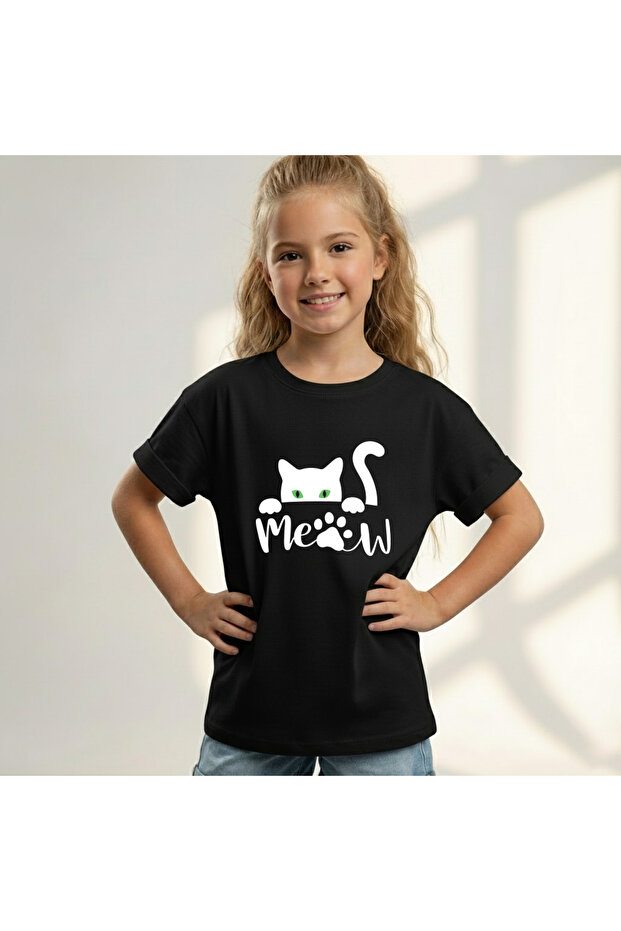 Meow Cat Printed T-Shirt for Girls with Bicycle Collar