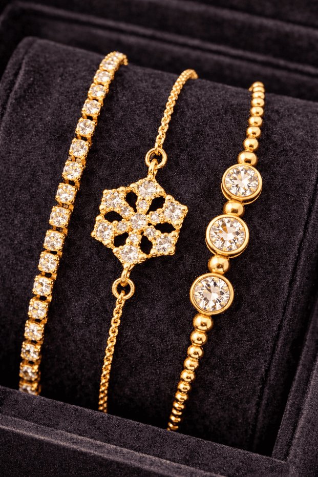 Gold Color Steel Zircon Stone Women's Bracelet 3-Piece Gift Set
