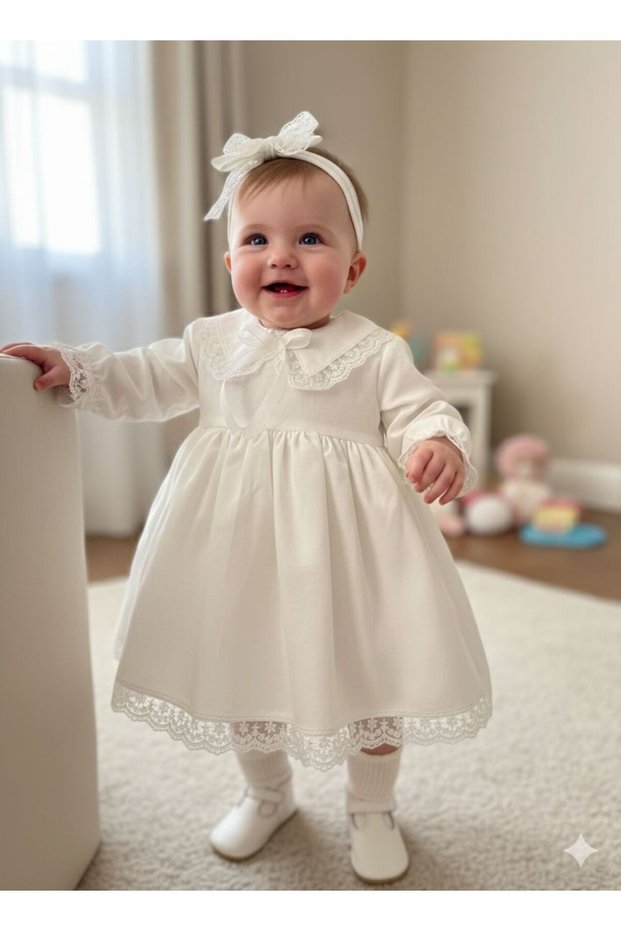Baby Girl White Raw Linen Guipure Lace Mawlid Birthday Dress + Hair Clip