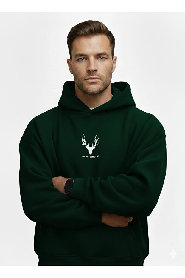 Three Thread Hooded Inside Cotton Lucky to Meet You B Printed O Oversized Sweatshirt