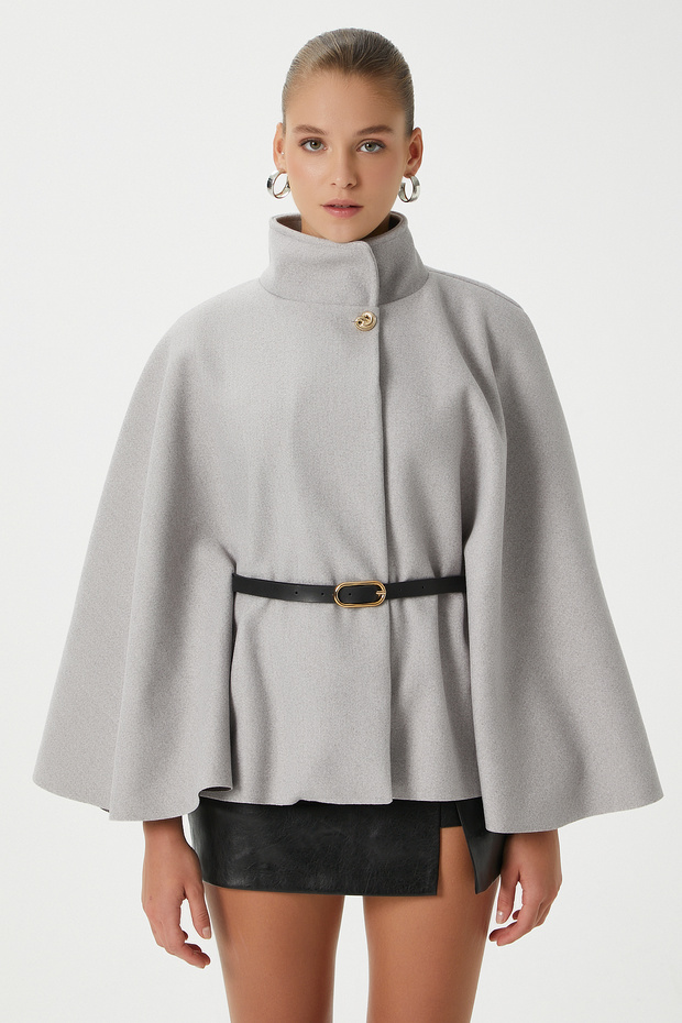 Women's Kayla Gold Buttoned Belted Gray Cashmere Poncho