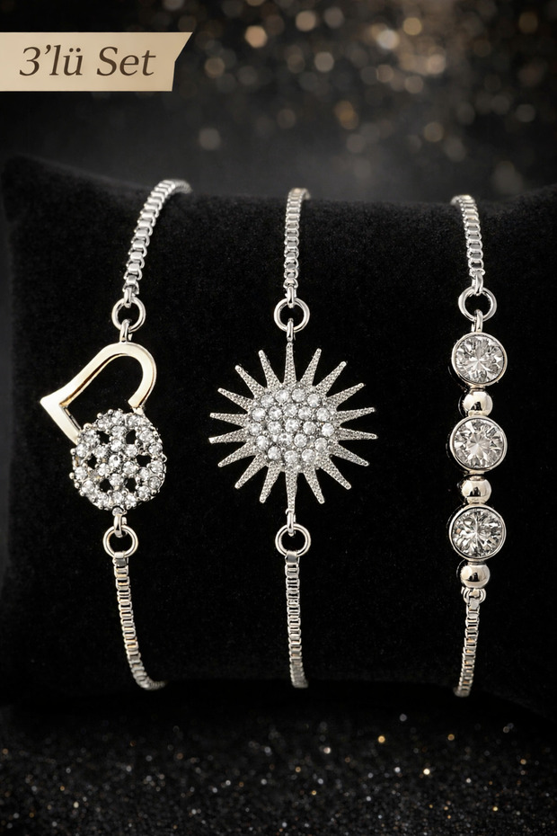 Silver Color Steel Zircon Stone Women's Bracelet 3-Piece Gift Set