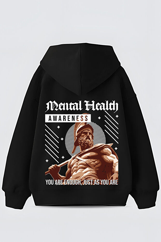 Unisex Black Mental Health Awareness Printed 3 Thread Ş Fleece-Lined O Oversized K Hooded Sweatshirt