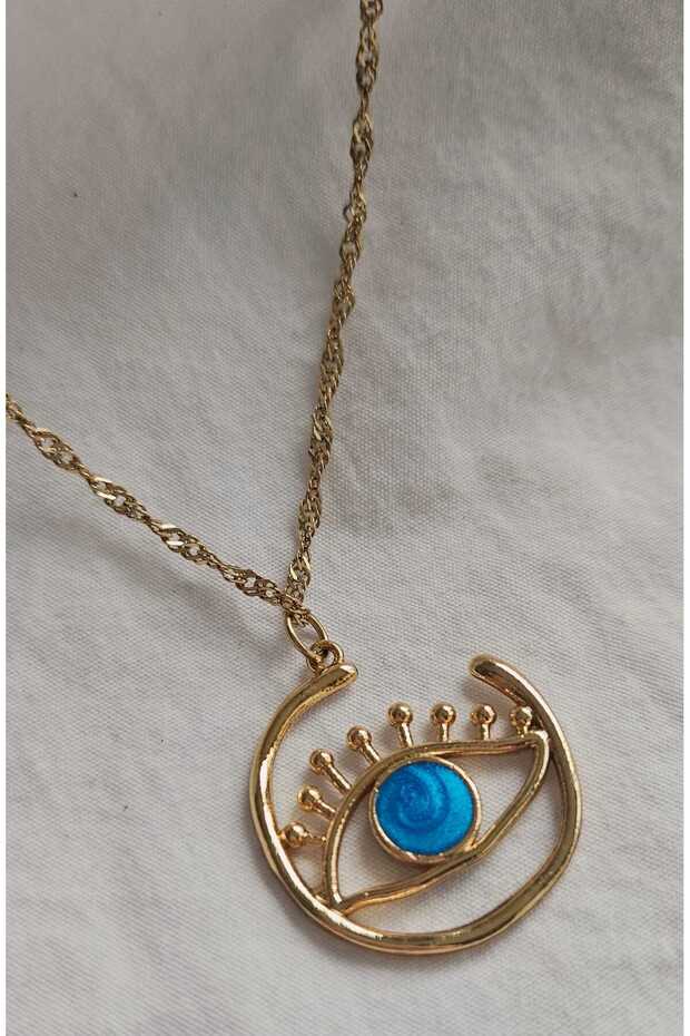 Stainless Steel Chain Blue Eye Plate Necklace-Gold