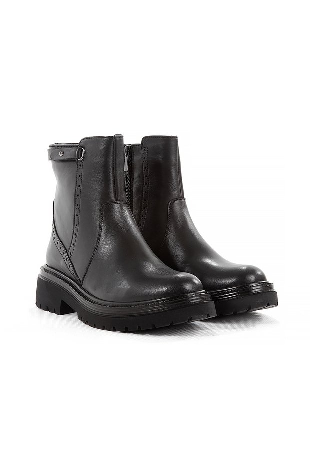 Shoes Genuine Leather with Processing Detail and Zipper Black Skin Casual Stylish Comfortable Women's Boots
