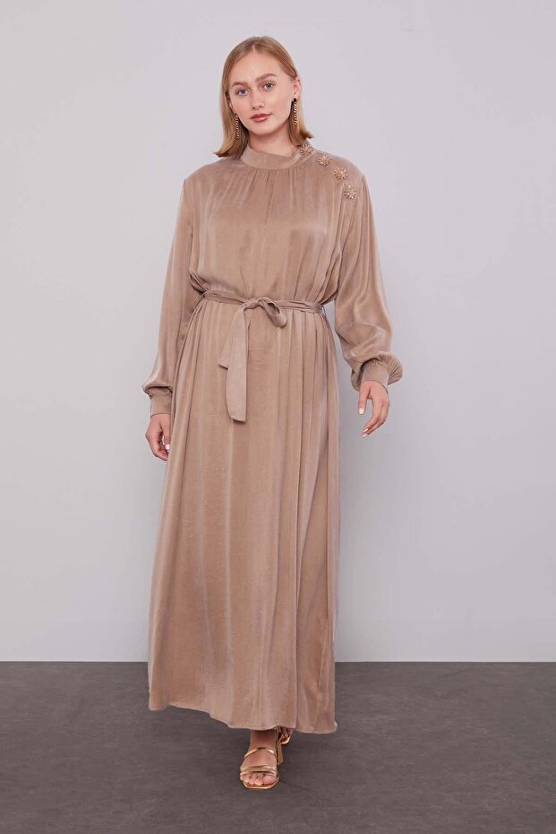 Brown Shoulder Stone Flower Detailed Cupra Dress
