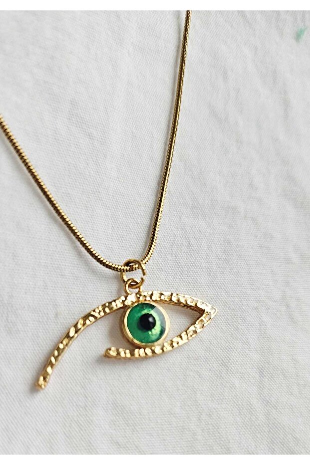 Stainless Steel Snake Chain Green Eye Necklace-Gold