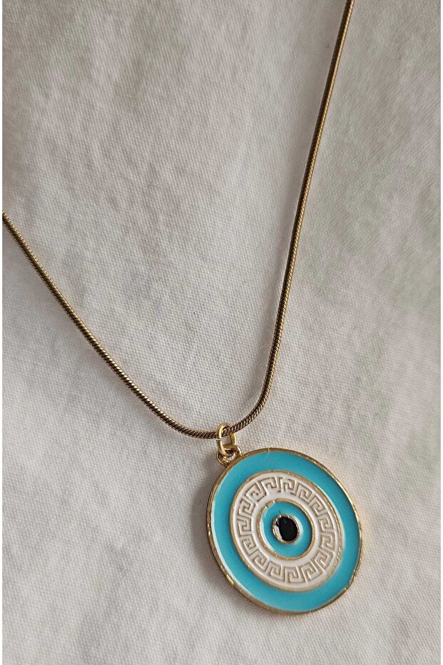 Stainless Steel Blue Mineral Evil Eye Medallion Necklace-Gold