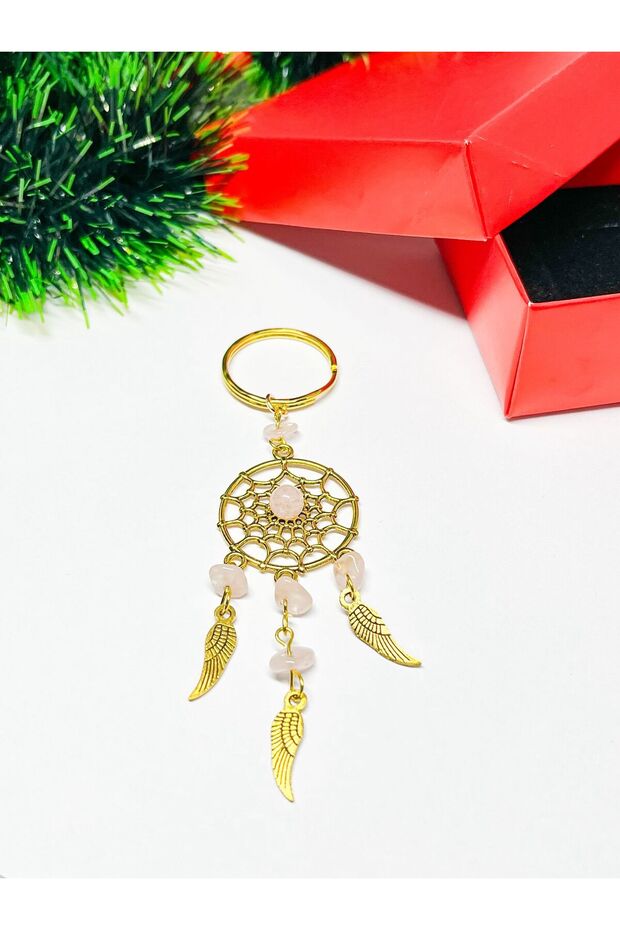 Pink Quartz Stone Dream Catcher Natural Stone Keychain – Love & Positive Energy – Bag Ornament