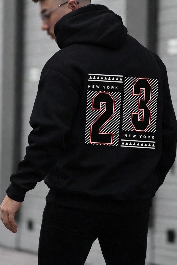 Unisex 3 Thread K Hooded Kangaroo Pocket 23 B Printed O Oversized Street Sweatshirt