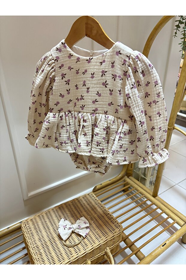 Lila çiçekli Romper - 1